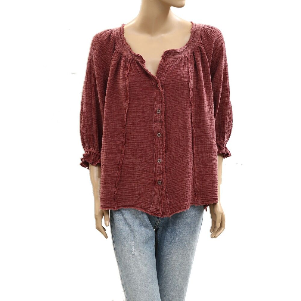Free People We The Free Lucy Solid Shirt Blouse Top Ruffle Buttondown M 285207